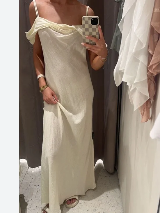 Zara Off-Shoulder Slip Maxi Dress in Cream - Picture 2 of 5